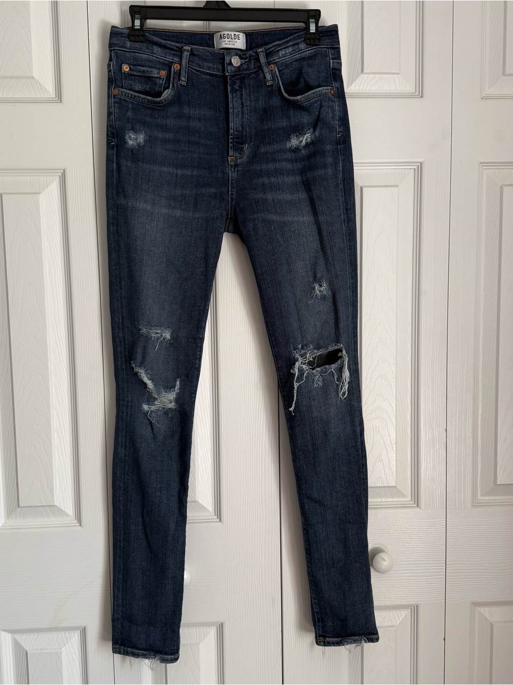 Agolde Dark Indigo Distressed High-Rise Skinny Jeans